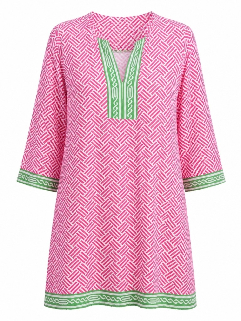 Barbara Gerwit Pink Patterned Tunic Dress with Green Trim